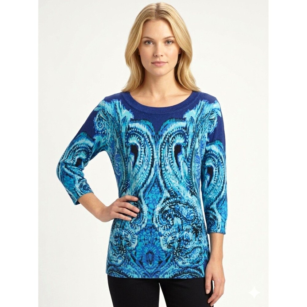 Joseph A. Womens Sweater L Blue Paisley Knit Top Scoop Neck 3/4 Sleeve Pullover